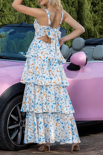 Blue Floral A Line Tiered Party Dress